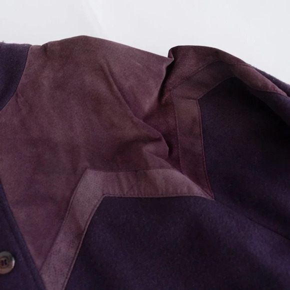 Vintage Liz Moody Purple 75% Wool with Suede Detail Button Up Pea Coat 16  W - Picture 14 of 16